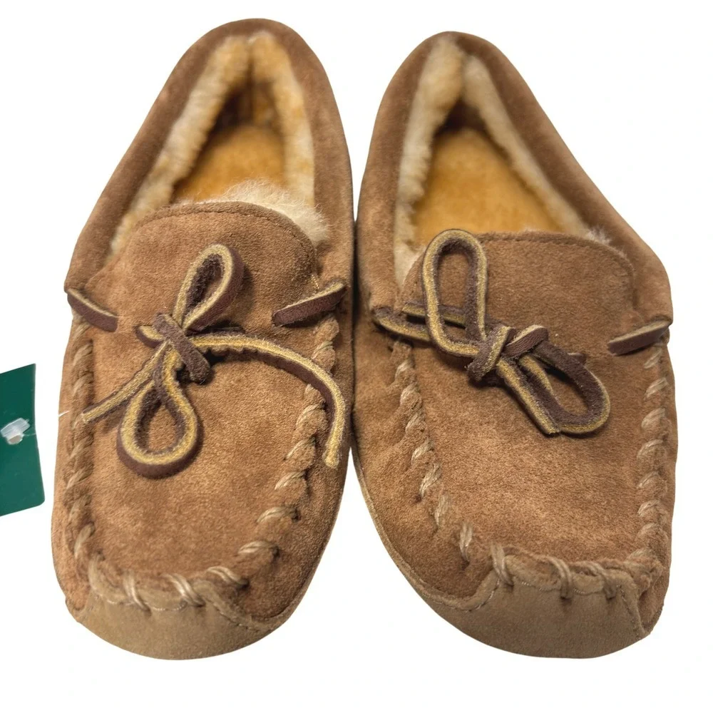 LL Bean Kids Wicked Good Brown Suede Sheepskin Lined Moccasin Slippers Sz 12 NWT